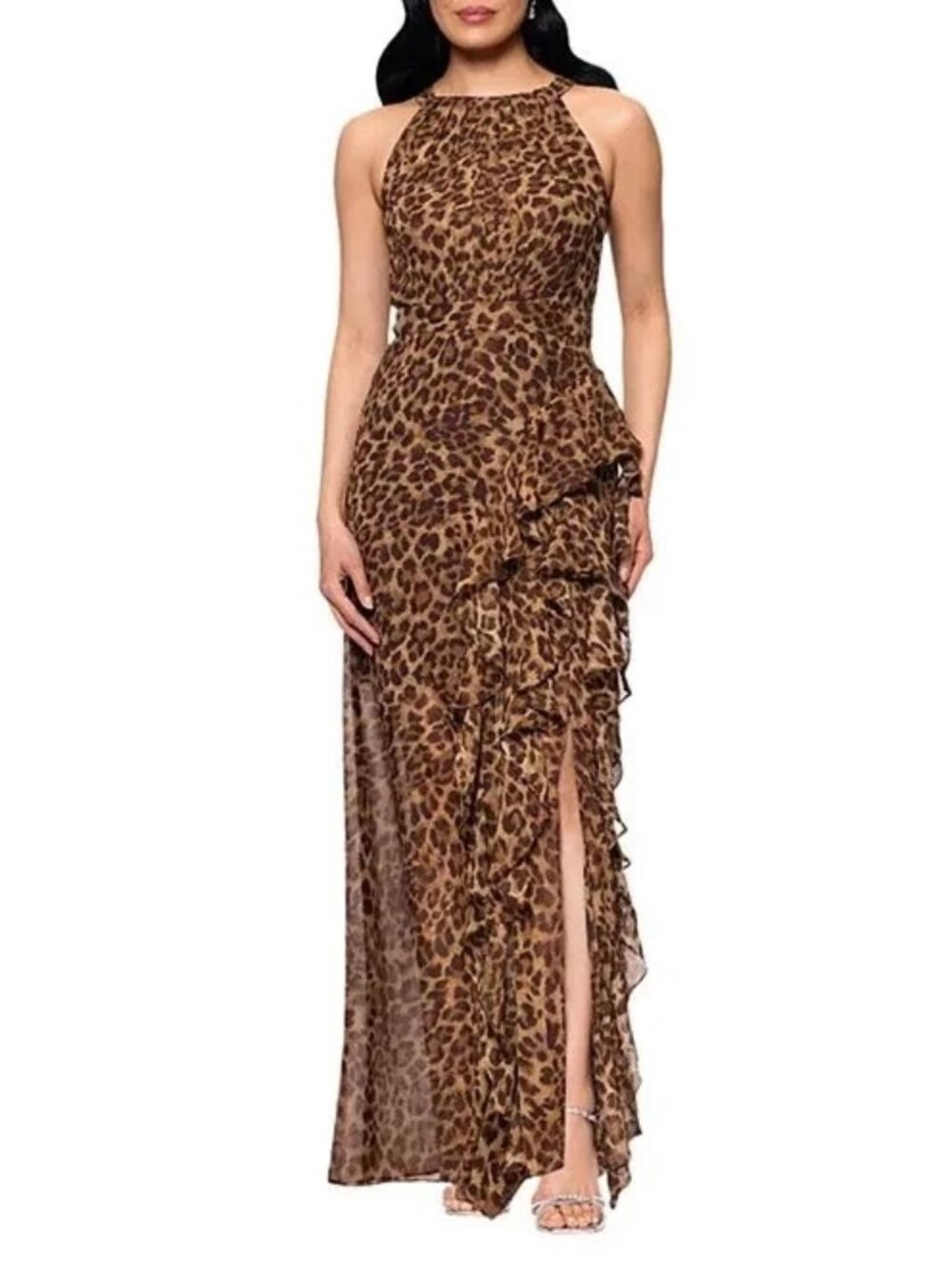 Betsy & Adam Halter Neck Sleeveless Ruffled Leopard Print Dress